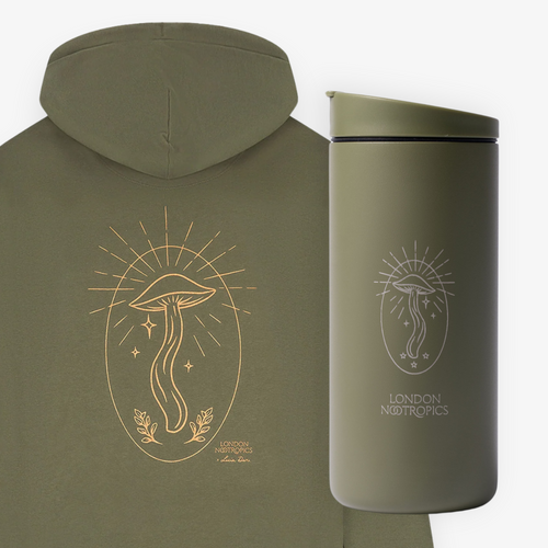 Matching Khaki green London Nootropics accessories, (L) Hoodie with Mushroom design and (R) steel MiiR travel cup with mushroom design.