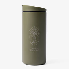 Khaki green steel MiiR travel cup featuring whimsical mushroom design