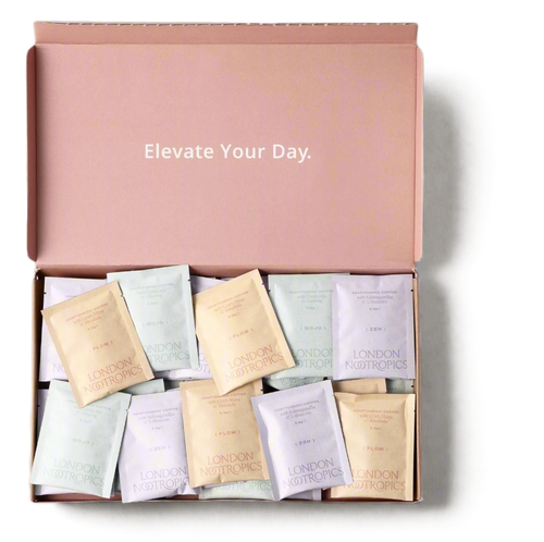 London Nootropics pink mixed coffee box that reads "elevate your day" on the inner lid, open and full of mixed coffee