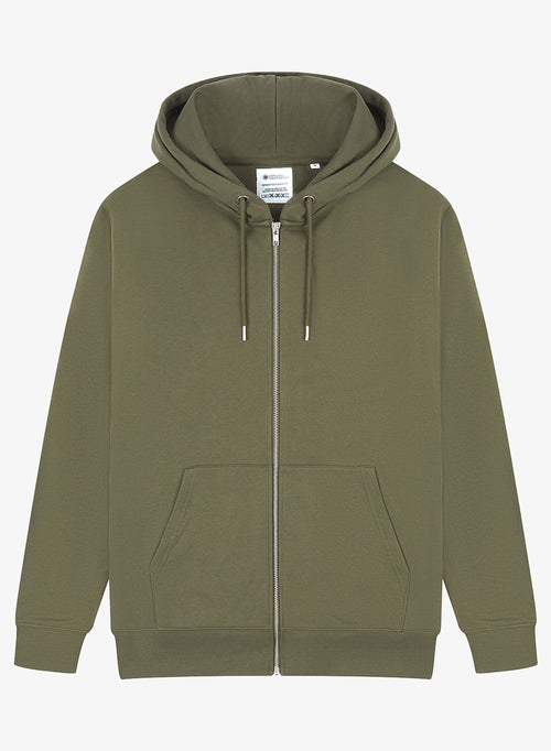 Overhead view of Khaki green zip up hoodie on a white background from London Nootropics