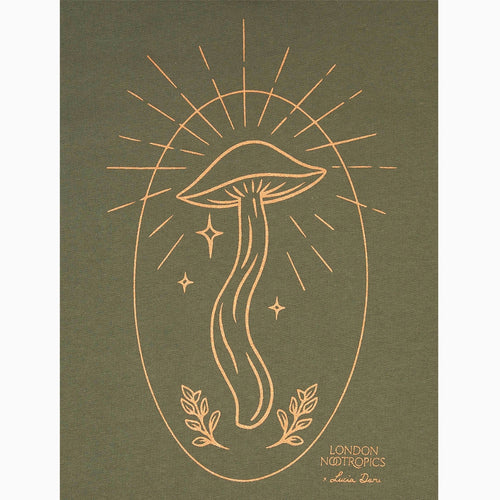 Close-up image of London Nootropics Mushroom Rising Zip Hoodie in khaki green. The design features an oval and a mushroom at the centre. The bottom right corner features the nootropics logo and designer signature.