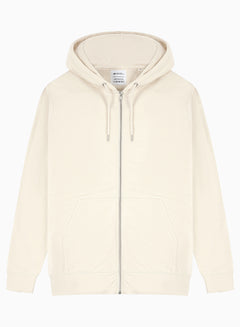 Front overhead view of the Find Your Flow zip hoodie by London Nootropics in creamy Natural Raw on white.