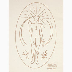 Find Your Flow zip hoodie by London Nootropics in creamy Natural Raw. The design shows a body with a bent arm and finger pointing upwards at a star. The body has a star as a head and other icons like mushrooms and vines are featured.