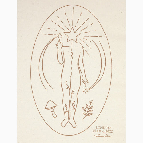 Find Your Flow zip hoodie by London Nootropics in creamy Natural Raw. The design shows a body with a bent arm and finger pointing upwards at a star. The body has a star as a head and other icons like mushrooms and vines are featured.