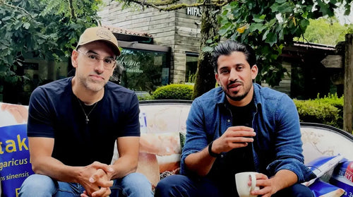 Zain and Shez, co-founders of London Nootropics at Hifas da Terra learning about their science-backed mushroom extracts.
