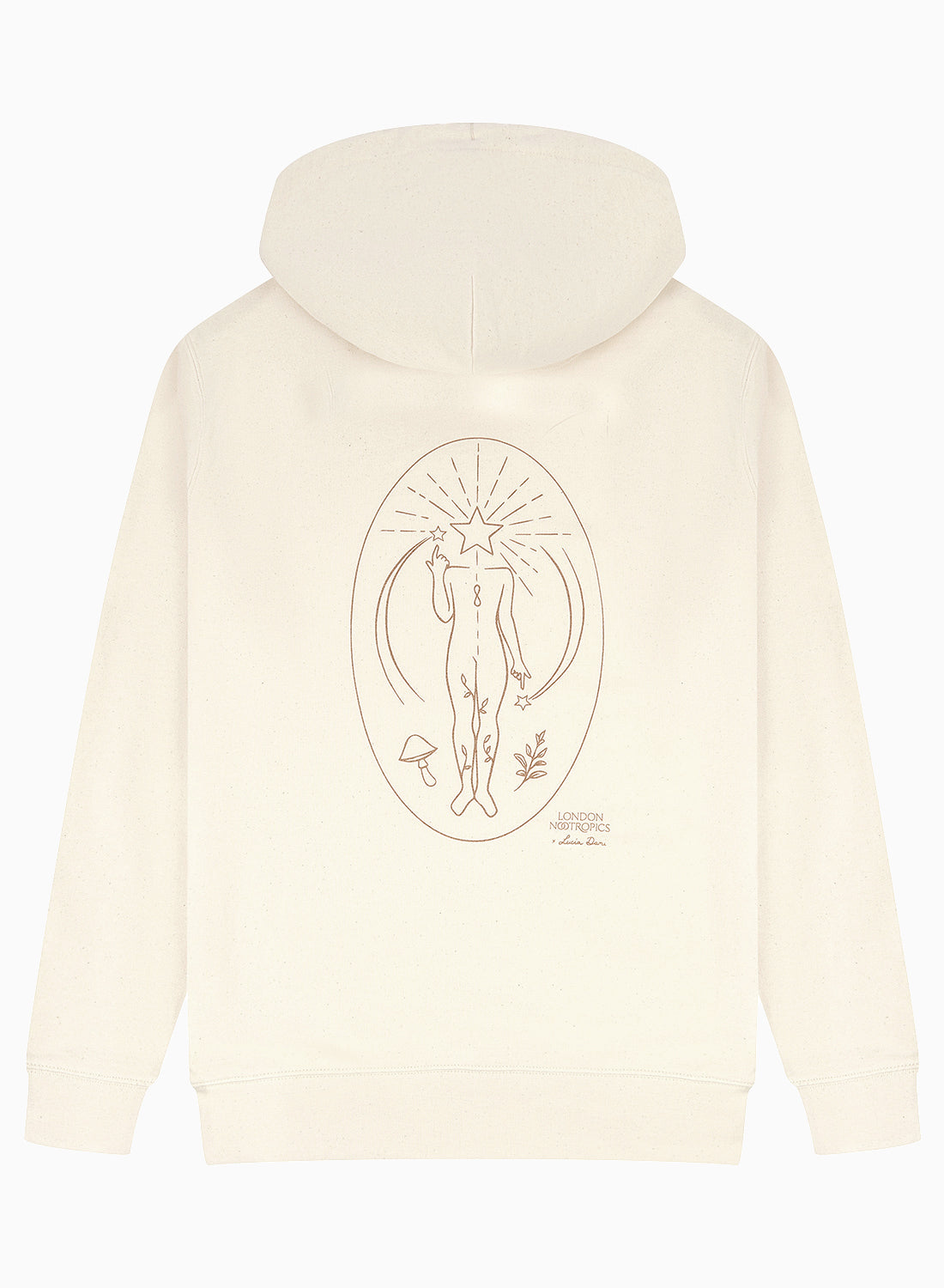 Back view of the Find Your Flow zip hoodie by London Nootropics in creamy Natural Raw on white. The design shows a body with a bent arm and finger pointing upwards at a star. The body has a star as a head and other icons like mushrooms and vines are featured.