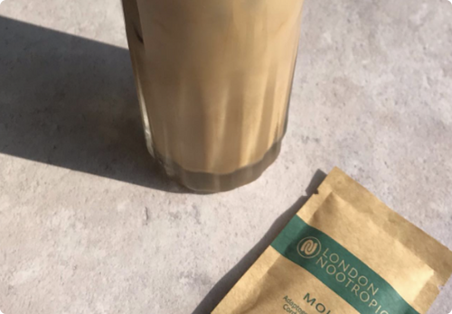 Coffee glass and London nootropics sachet: Mojo